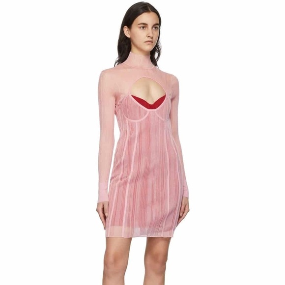 HERVE LEGER / NWT NEW layered sheer ribbed plated mini dress in pink medium m - Picture 5 of 6
